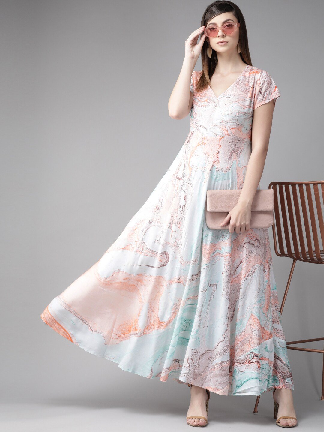 Women's  Sea Green & Coral Pink Printed Maxi Dress