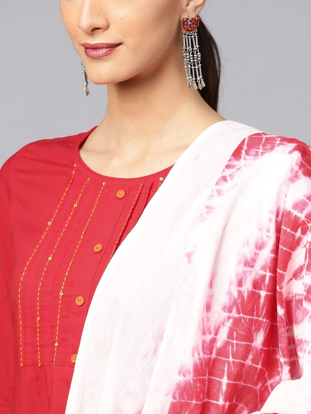 Women's  Red & White Yoke Design Kurta with Palazzos & Dupatta