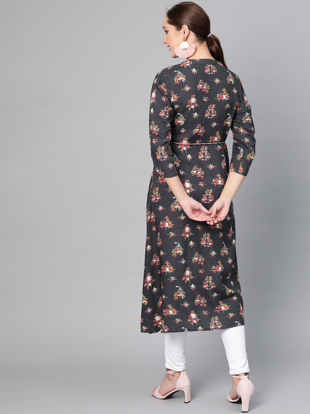 Women's  Grey & Pink Printed A-Line Kurta