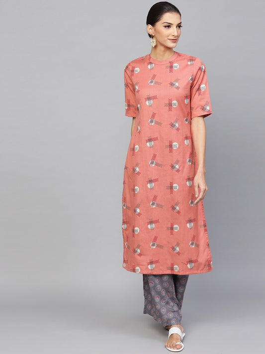 Women's  Pink & Grey Printed Kurta with Palazzos