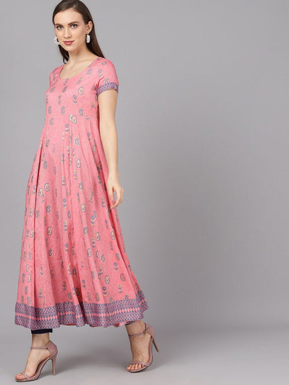 Women's  Pink & Gold-Toned Printed Anarkali Kurta