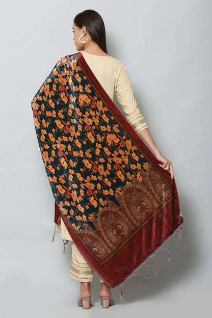 Women's Maroon Color Polyster Velvet  Digital Printed Dupatta