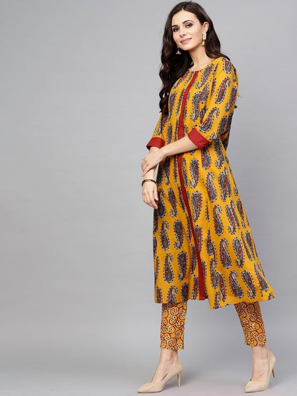 Women's  Mustard Yellow & Maroon Printed Kurta with Trousers