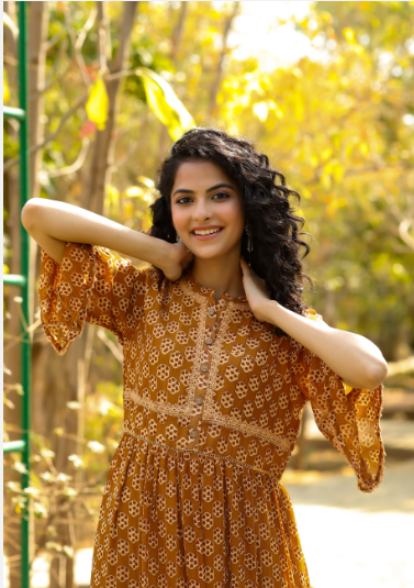Women's Brown Georgette Printed Flared Dress