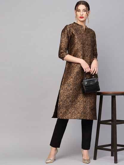 Women's  Coffee Brown & Black Woven Design Reversible Straight Kurta