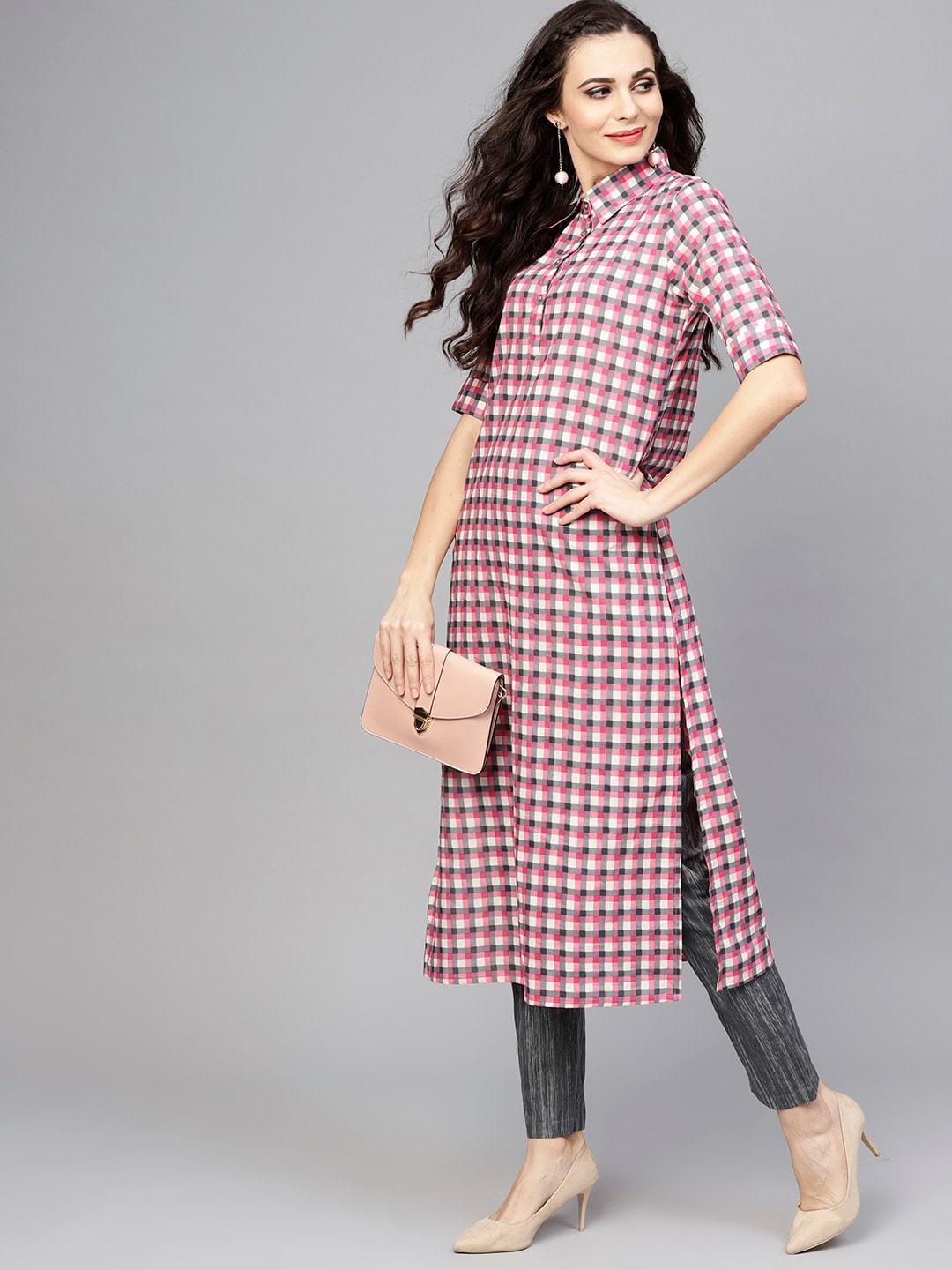 Women's  Pink & Grey Checked Kurta with Trousers