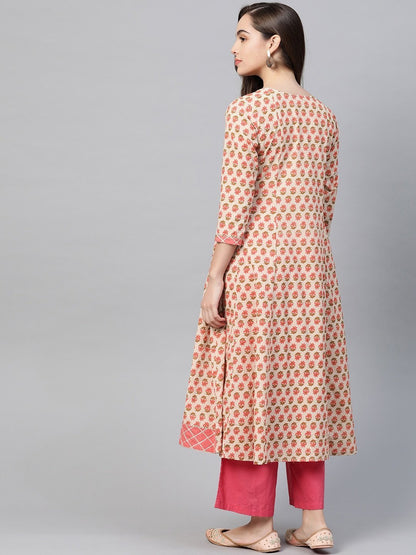 Women's Beige & Peach Printed Kurta