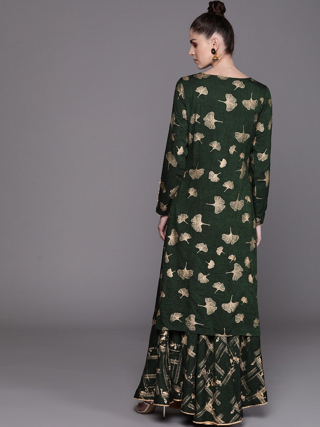 Women's  Green & Golden Printed Kurta with Skirt