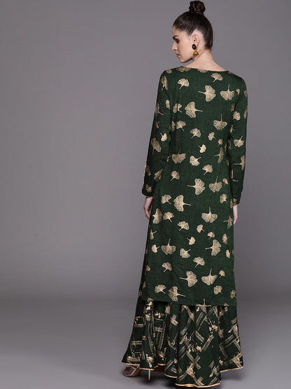 Women's  Green & Golden Printed Kurta with Skirt
