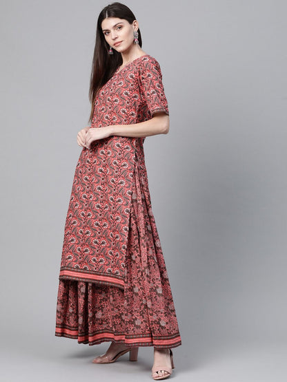 Women's  Pink & Charcoal Grey Ethnic Printed Kurta with Skirt & Dupatta