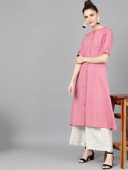Women's  Pink Woven Design A-Line Kurta