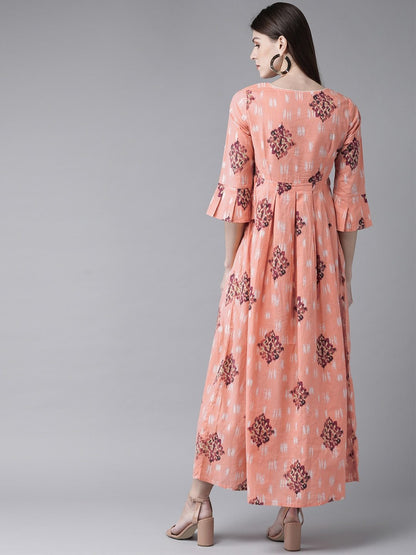 Women's  Peach-Coloured & Purple Printed Maxi Dress