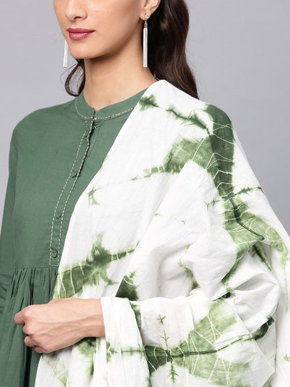 Women's  Green & White Solid Kurta with Trousers & Dupatta