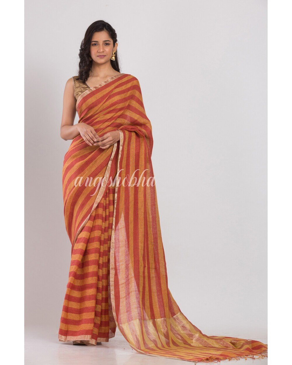 Women's Orange and red stripes handwoven linen saree