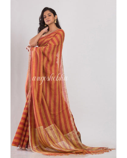 Women's Orange and red stripes handwoven linen saree