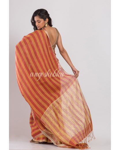 Women's Orange and red stripes handwoven linen saree