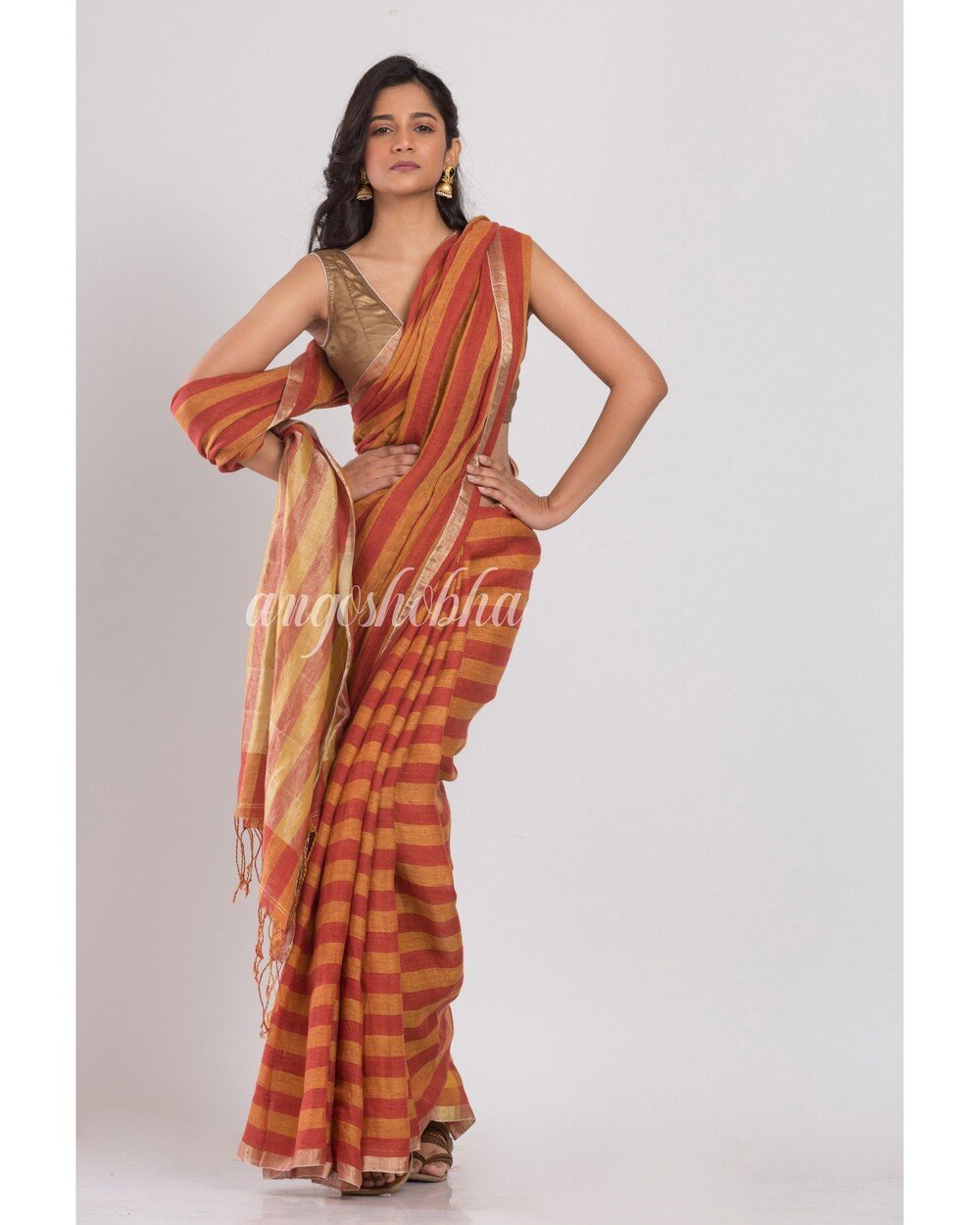 Women's Orange and red stripes handwoven linen saree