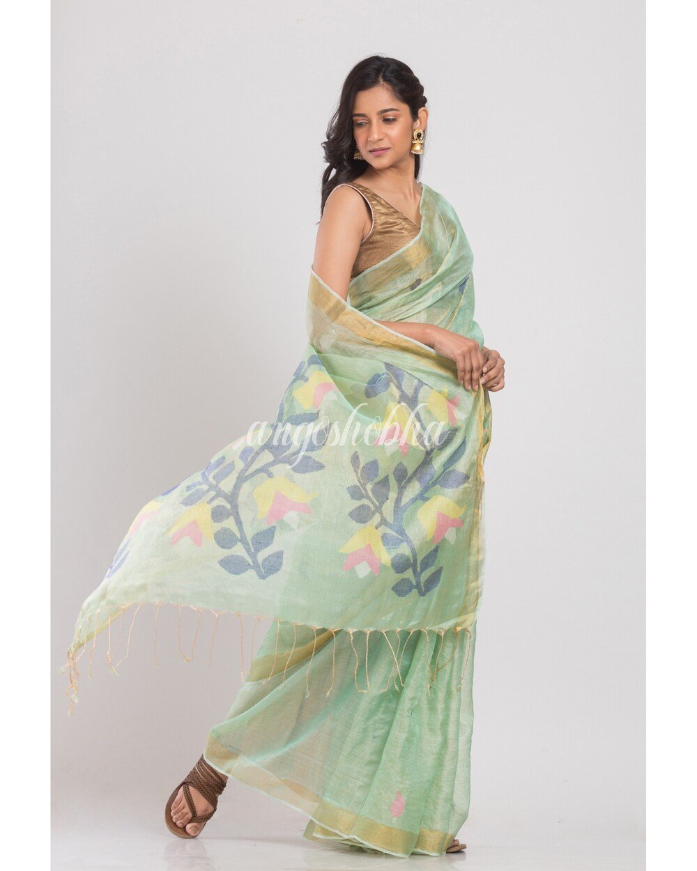Women's Light Green Tussar Silk Jamdani Saree