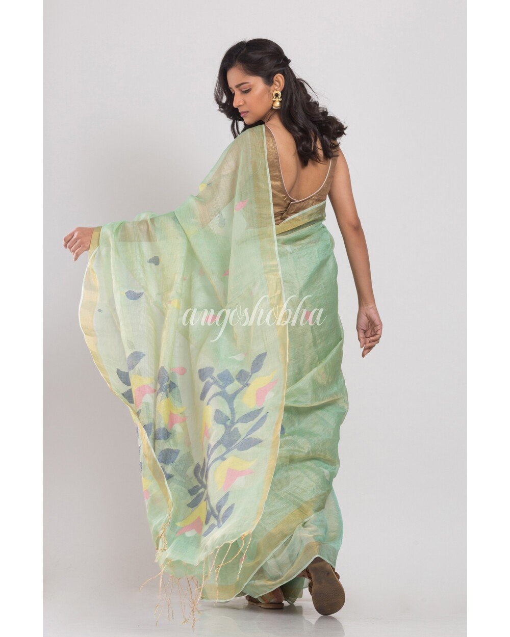 Women's Light Green Tussar Silk Jamdani Saree