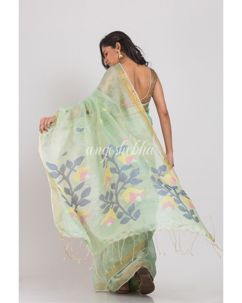 Women's Light Green Tussar Silk Jamdani Saree