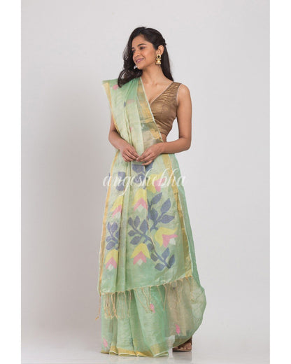 Women's Light Green Tussar Silk Jamdani Saree