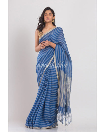 Women's Blue Handwoven Linen Saree