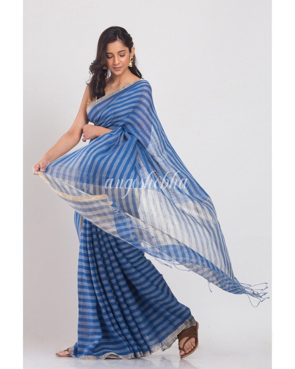 Women's Blue Handwoven Linen Saree