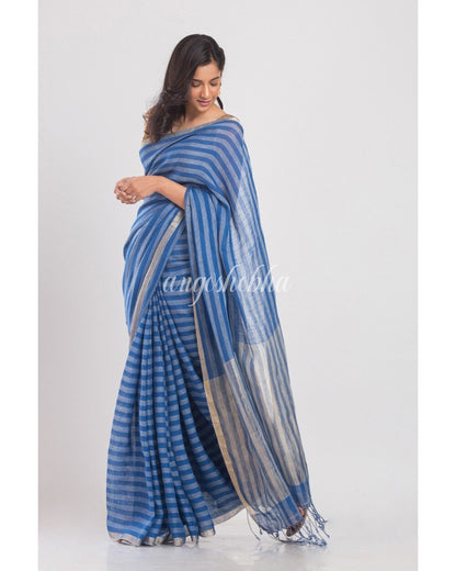 Women's Blue Handwoven Linen Saree