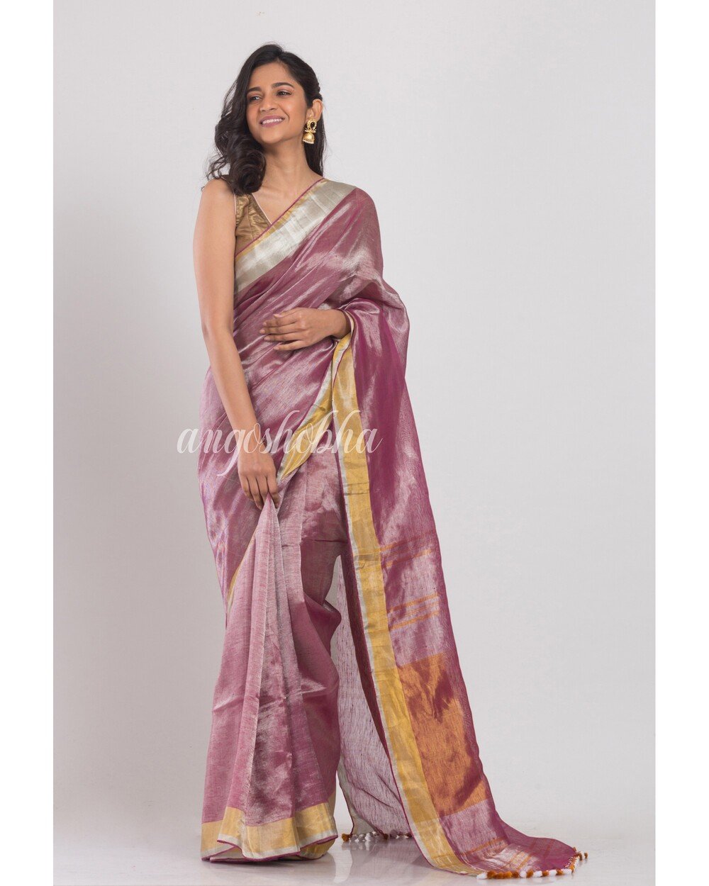 Women's Silver Purple Handwoven Linen Tissue Saree