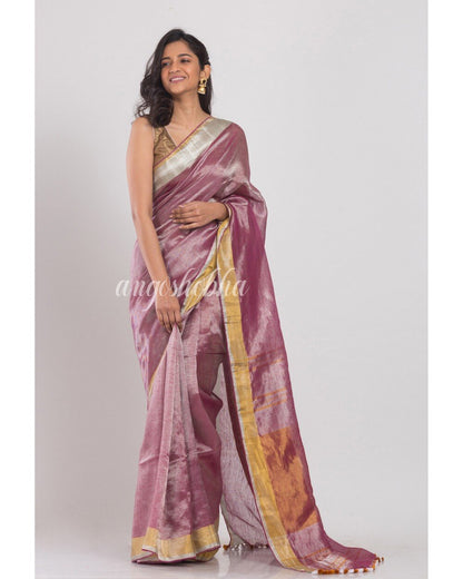 Women's Silver Purple Handwoven Linen Tissue Saree