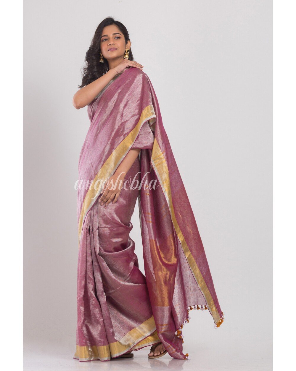 Women's Silver Purple Handwoven Linen Tissue Saree