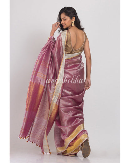 Women's Silver Purple Handwoven Linen Tissue Saree