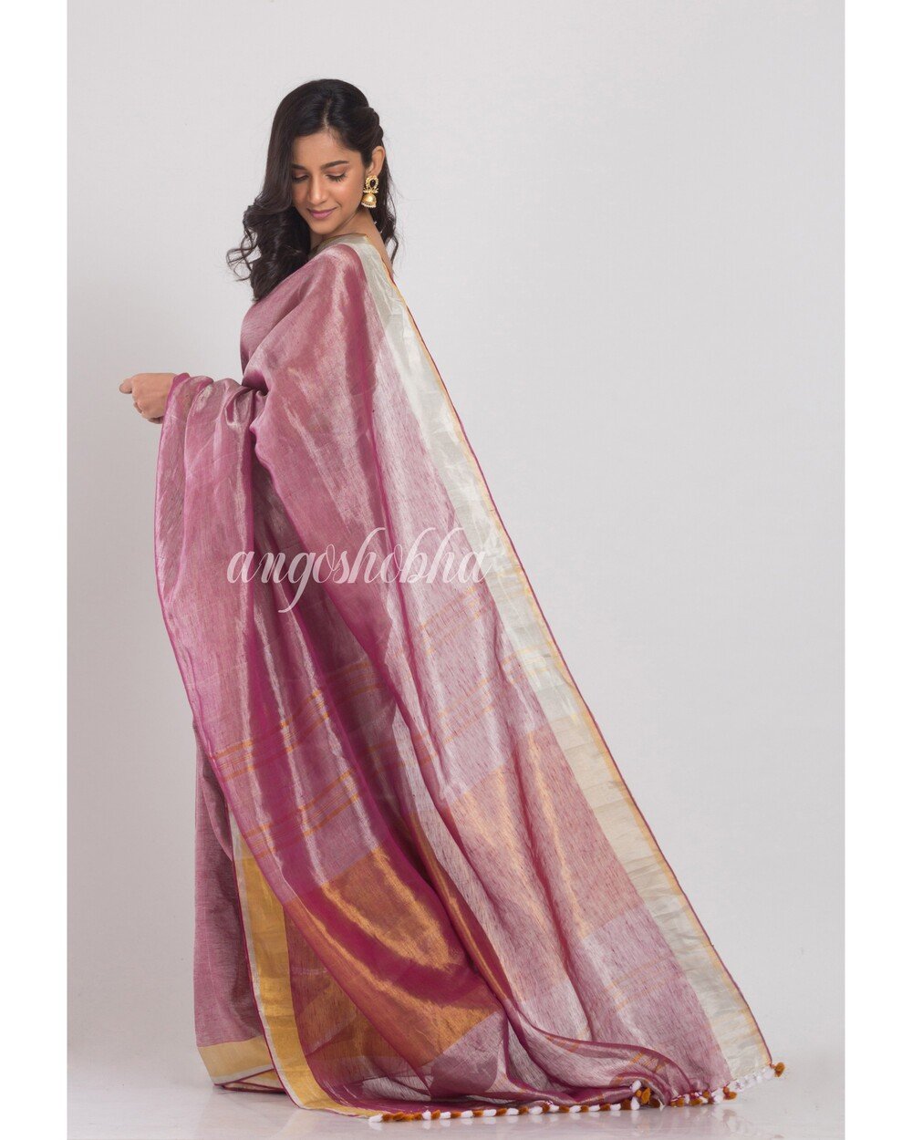 Women's Silver Purple Handwoven Linen Tissue Saree