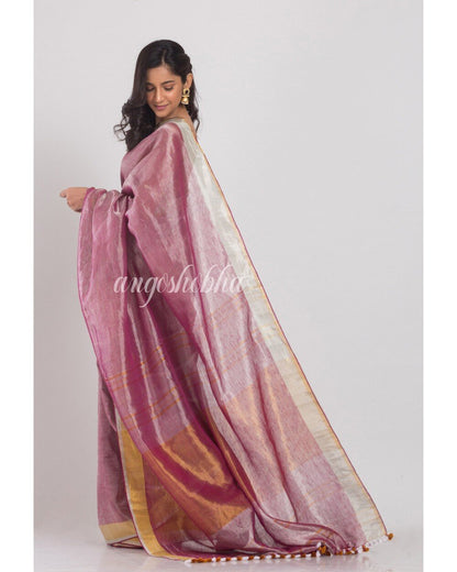 Women's Silver Purple Handwoven Linen Tissue Saree