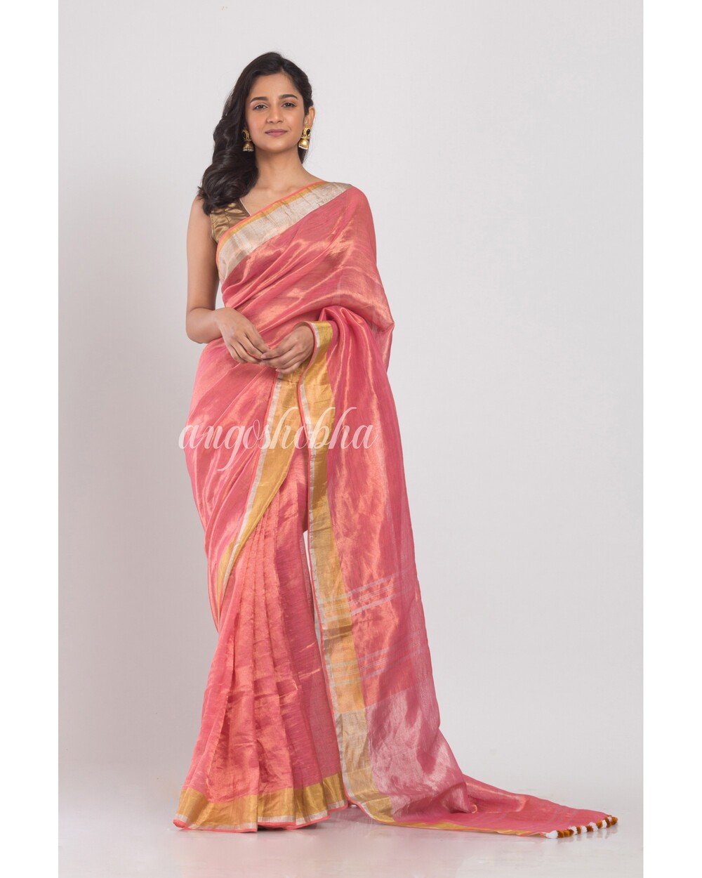 Women's Gold Silver Pink Handwoven Linen Tissue Saree