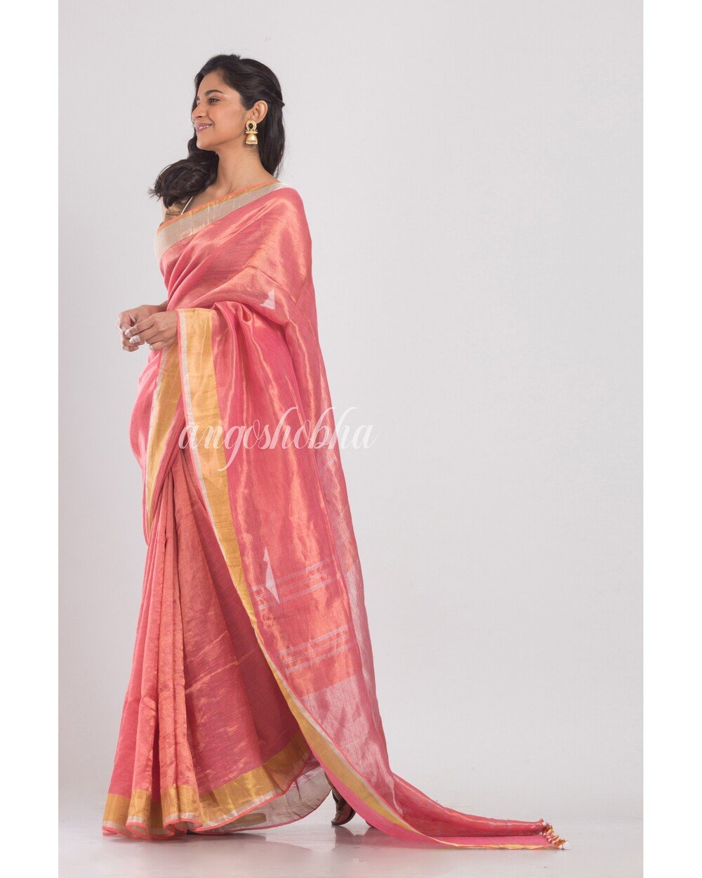 Women's Gold Silver Pink Handwoven Linen Tissue Saree