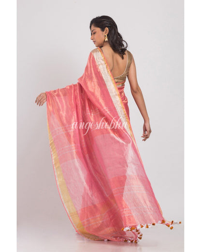 Women's Gold Silver Pink Handwoven Linen Tissue Saree