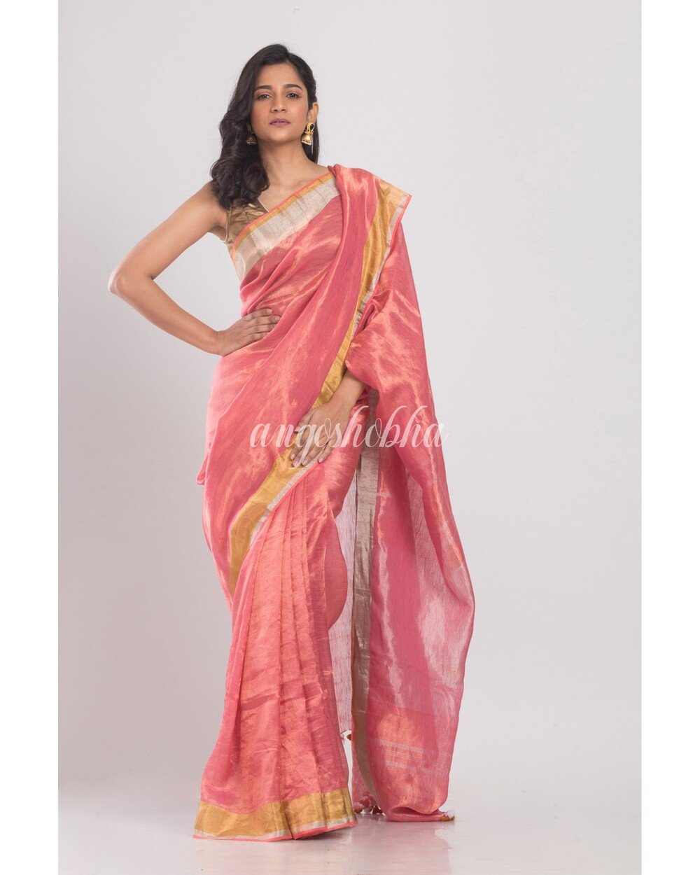 Women's Gold Silver Pink Handwoven Linen Tissue Saree