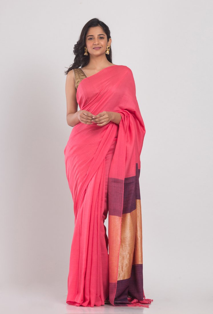 Women's Light pink jecquard woven cotton saree