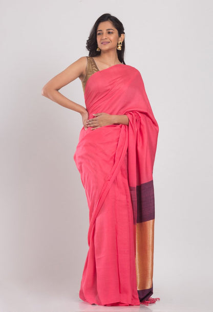 Women's Light pink jecquard woven cotton saree