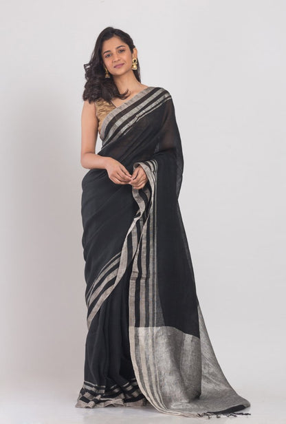 Women's Handloom linen saree silver jori border and pallu