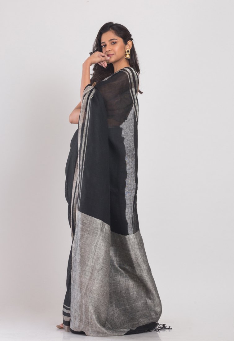Women's Handloom linen saree silver jori border and pallu