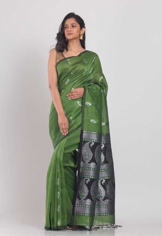 Women's Green cotton linen handloom saree