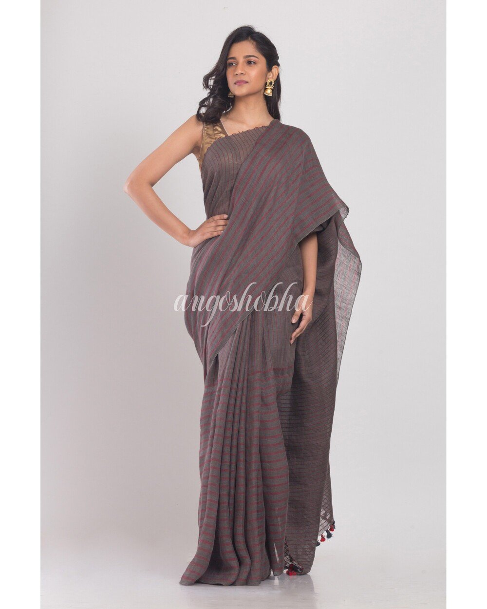 Women's Grey Handwoven Linen Saree