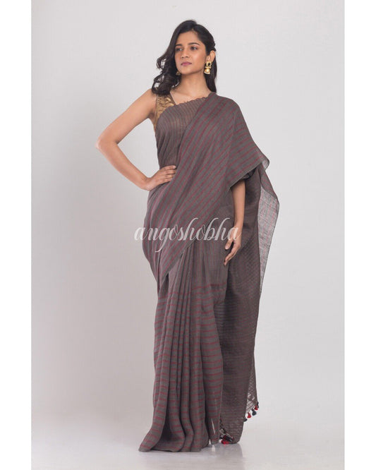Women's Grey Handwoven Linen Saree