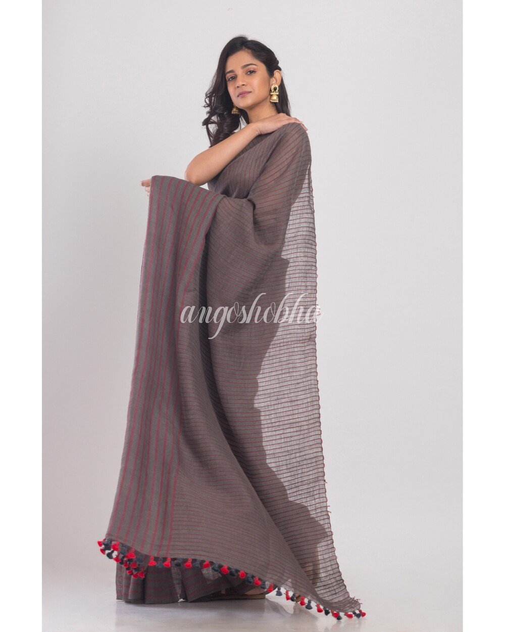 Women's Grey Handwoven Linen Saree