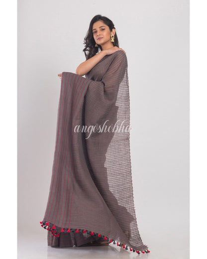 Women's Grey Handwoven Linen Saree