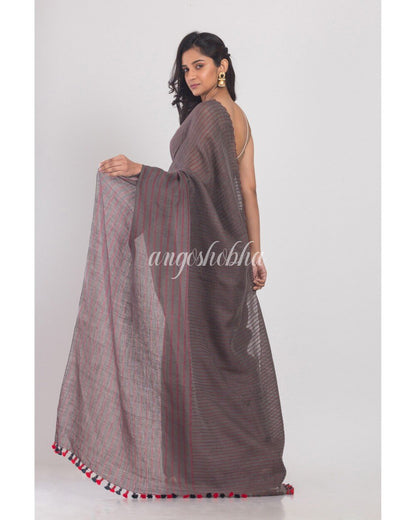 Women's Grey Handwoven Linen Saree