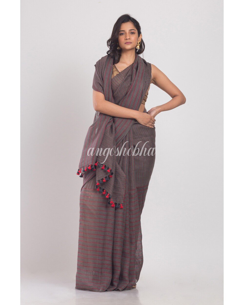 Women's Grey Handwoven Linen Saree