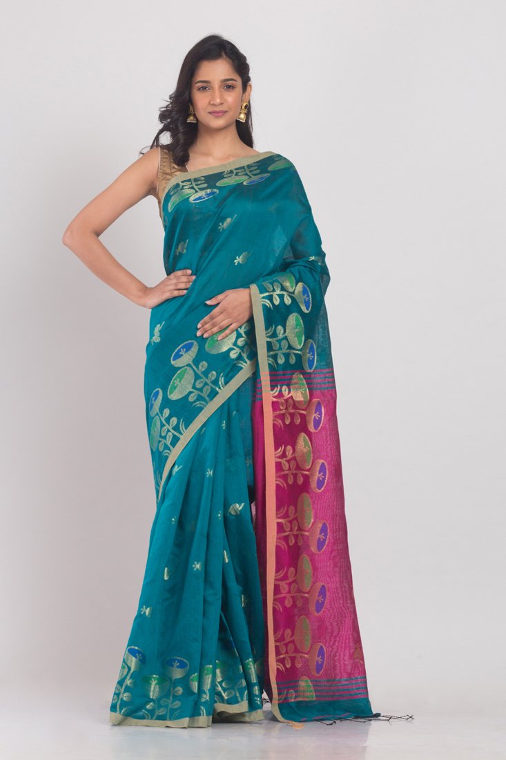 Women's All Over Jecquard Jori Work teal Handloom Saree